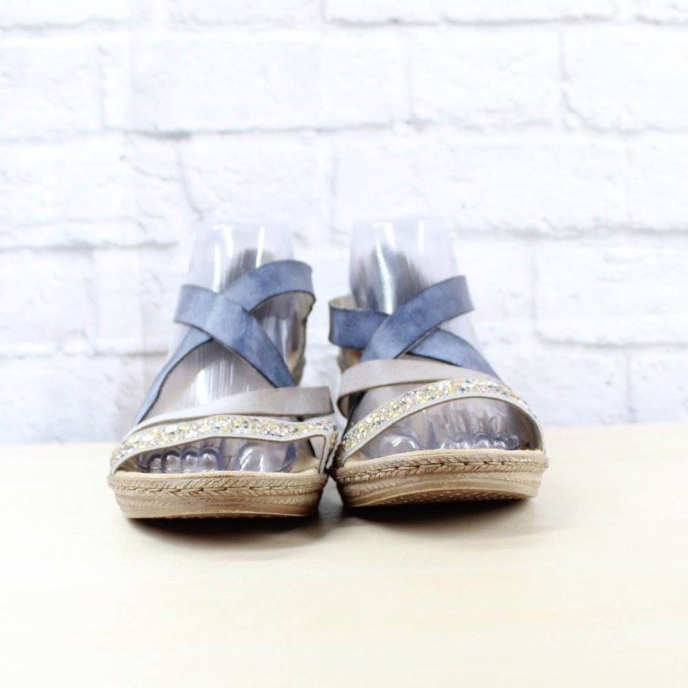 RIEKER Blue Brown Strappy Wedge Heeled Sandals Siz - Picture 4 of 9